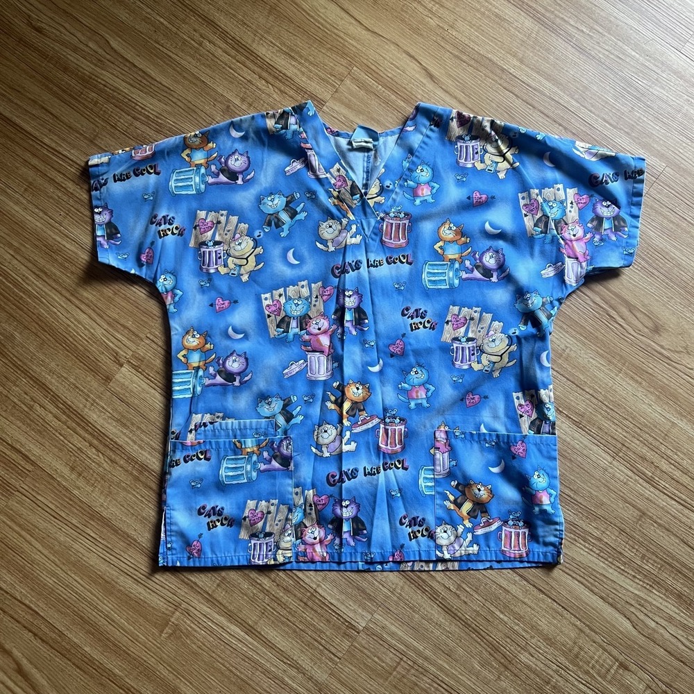 Scrub H.Q. Size M Medium V-Neck Scrub Top Blue Cats Are Cool Vet Nurse